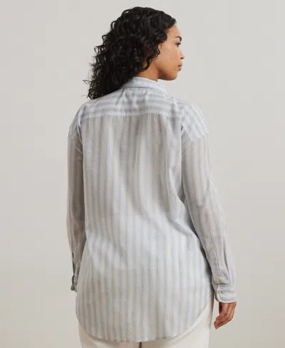 Ralph Lauren Plus Size Oversize Striped Cotton Voile Shirt In Light Blue Pink Multi