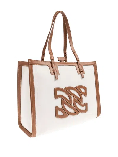 Casadei Canvas And Leather Tote Handbag With Zip Closure In Leather Brown