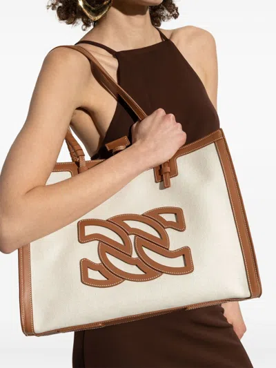 Casadei Canvas And Leather Tote Handbag With Zip Closure In Leather Brown