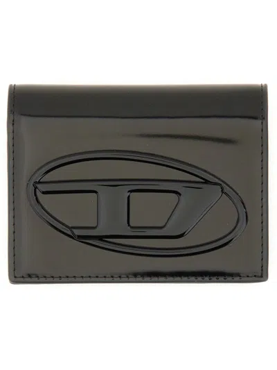 Diesel Bi-fold Card Holder In Mirrored Leather In Black