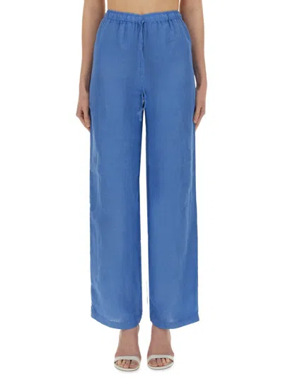 120% Lino Relaxed Wide-leg Linen Pants With Drawstring Waist In Blue