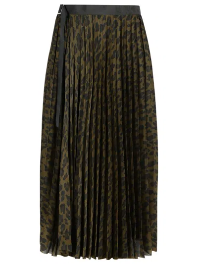 Sacai Pleated Leopard Print Satin Midi Skirt In Brown