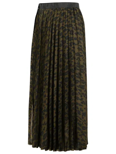 Sacai Pleated Leopard Print Satin Midi Skirt In Brown