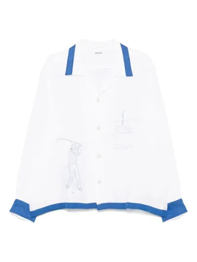 Bode White Club Champion Long Sleeve Shirt In White Blue