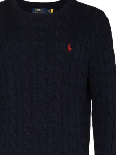 Polo Ralph Lauren Man Navy Blue Brided Cotton Sweater With Red Pony In Hunter Navy