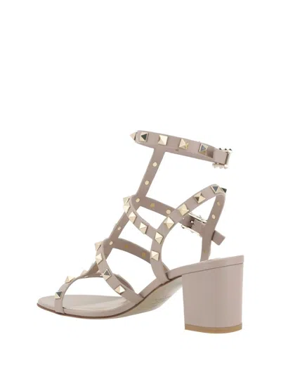 Valentino Studded Leather Block Heel Sandals In Beige