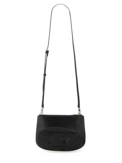Diesel Embossed Leather Shoulder Bag With Zip Closure In Black