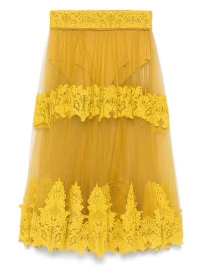 Elisabetta Franchi Ochre Yellow Midi Skirt With Lace Panels In Beige