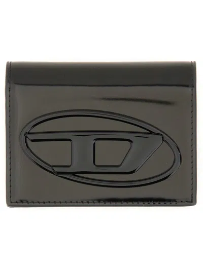 Diesel Bi-fold Card Holder In Mirrored Leather In Black