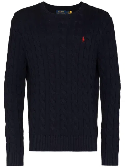 Polo Ralph Lauren Man Navy Blue Brided Cotton Sweater With Red Pony In Hunter Navy