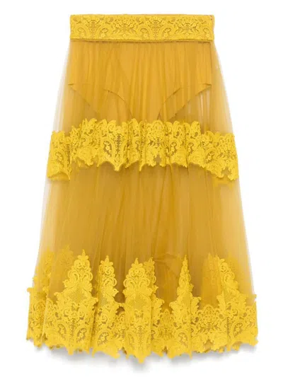 Elisabetta Franchi Ochre Yellow Midi Skirt With Lace Panels In Beige