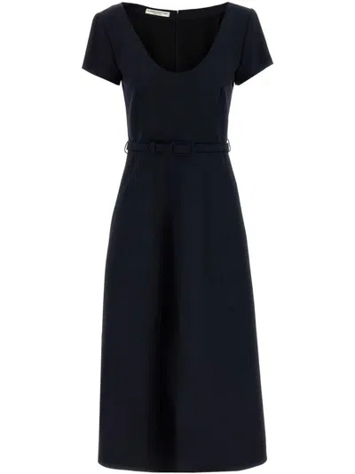 Alessandra Rich Light Wool Midi Dress With Belted Waist In Navy Blue