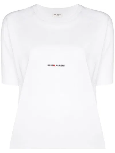 Saint Laurent Basic White T-shirt With Miiddle Logo Print In Cotton Woman In White