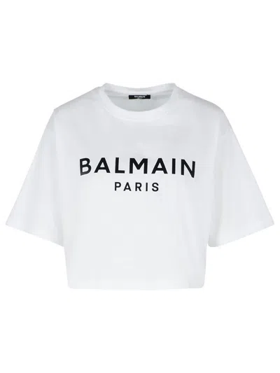 Balmain Logo Cotton Jersey Cropped T-shirt In White