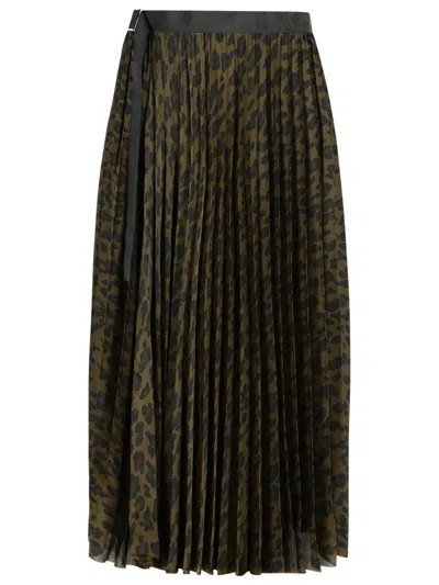 Sacai Pleated Leopard Print Satin Midi Skirt In Brown