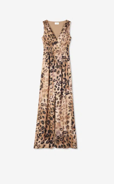 St John Painted Leopard Print Long Dress In Sand Multi