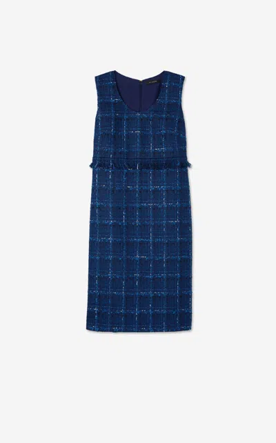 St John Fringed Woven Short Sleeve Dress In Navy