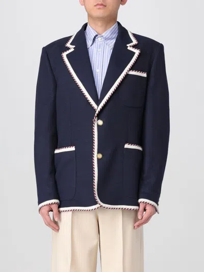 Valentino Single-breasted Jersey Cotton Jacket With Torchon Piping In Blue
