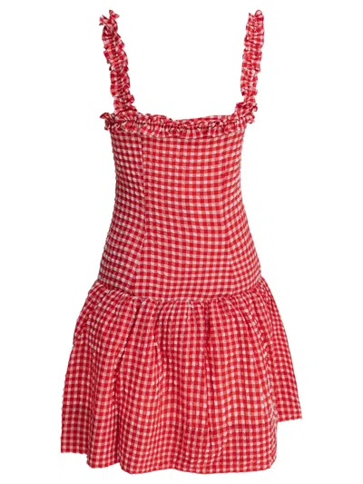 Ganni Stretch Seersucker Strap Ruffle Mini Dress In Pink