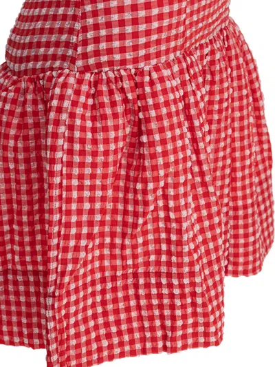 Ganni Stretch Seersucker Strap Ruffle Mini Dress In Pink