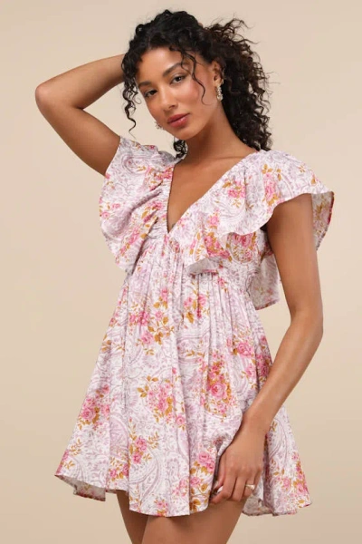 Lulus Kory Lilac Multi Print Flutter Sleeve Mini Dress In Lilac