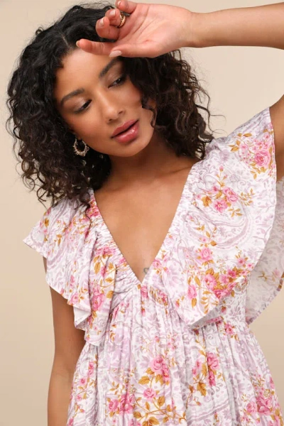 Lulus Kory Lilac Multi Print Flutter Sleeve Mini Dress In Lilac