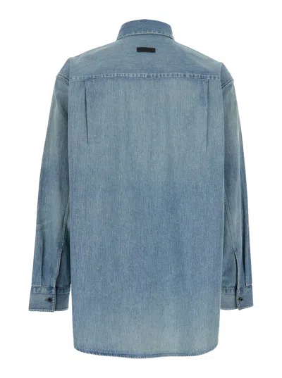 Fear Of God Light Blue Shirt With Faded Denim Effect In Animal Print