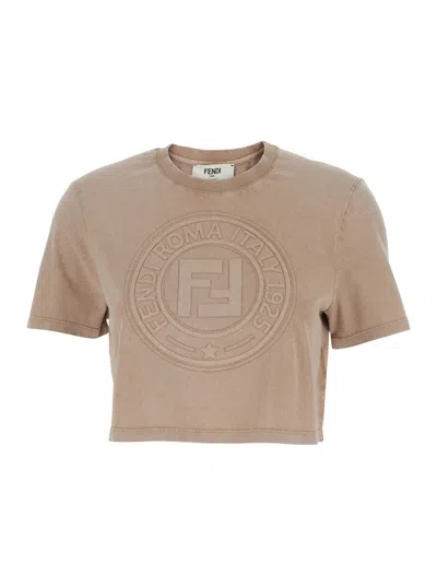 Fendi Beige Washed-out Cropped T-shirt With Logo In Neutral