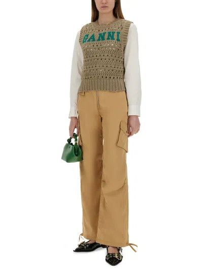 Ganni Cargo Pants In Cotton Twill In Cream