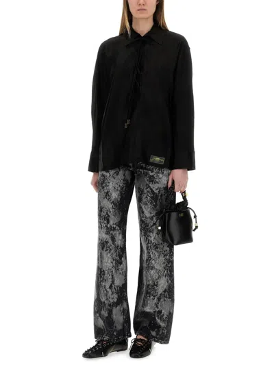 Ganni Black Satin Jacquard Tie String Shirt In 099 Black