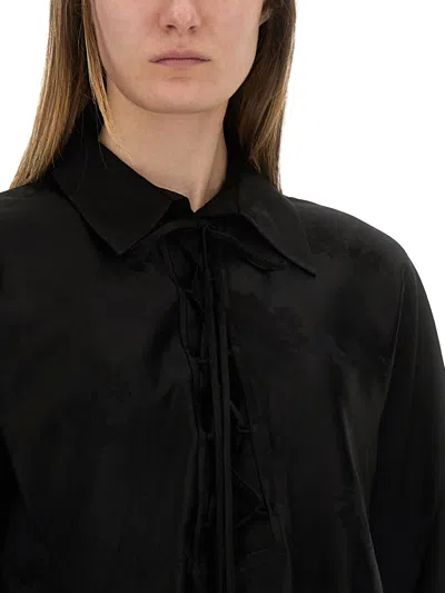 Ganni Black Satin Jacquard Tie String Shirt In 099 Black