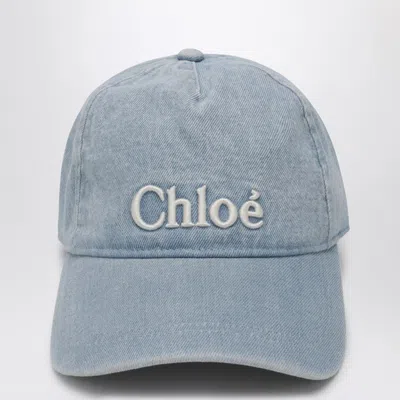 Chloé Light Blue Denim Baseball Cap With Logo In Blue