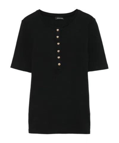 Anine Bing Ribbed Texture Short Sleeved T Shirt With Button Detailing In Black