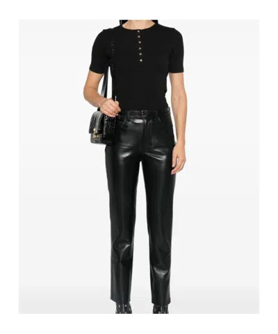 Anine Bing Ribbed Texture Short Sleeved T Shirt With Button Detailing In Black