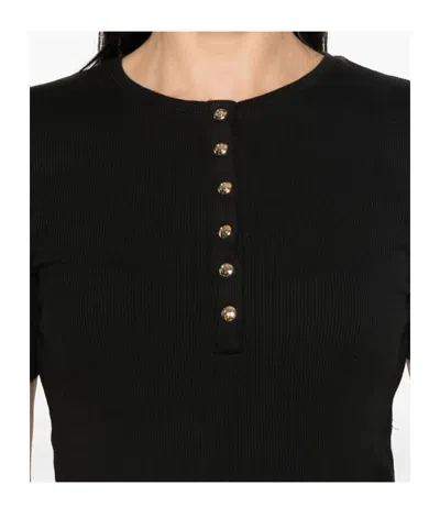 Anine Bing Ribbed Texture Short Sleeved T Shirt With Button Detailing In Black