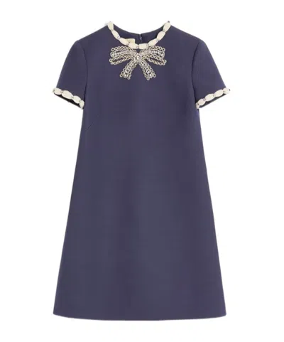 Valentino Garavani Wool And Silk Embroidered Dress In Blue