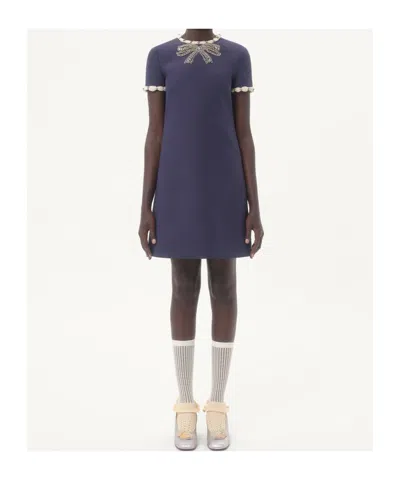 Valentino Garavani Wool And Silk Embroidered Dress In Blue