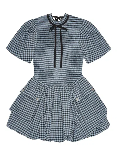 Ganni Blue Seersucker Check Mini Smock Dress