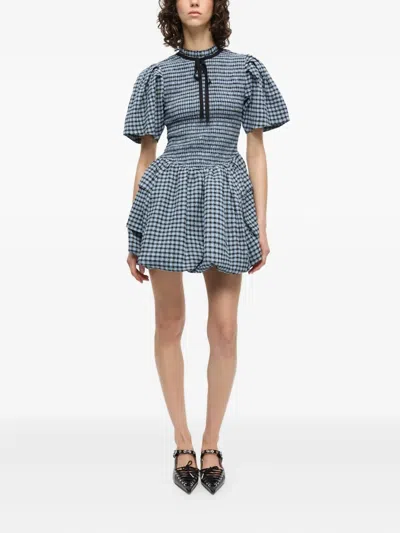 Ganni Blue Seersucker Check Mini Smock Dress