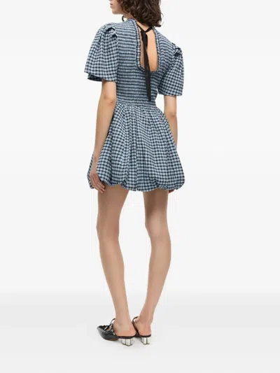 Ganni Blue Seersucker Check Mini Smock Dress