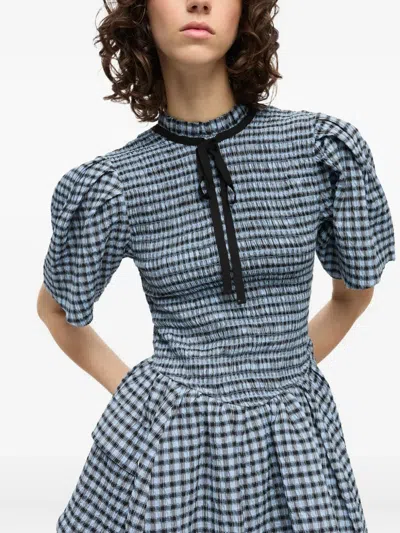 Ganni Blue Seersucker Check Mini Smock Dress