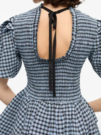 Ganni Blue Seersucker Check Mini Smock Dress