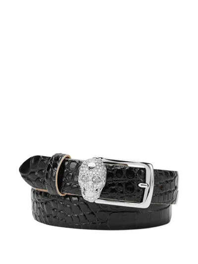 Philipp Plein Leather Belt Crocco Print Shiny Skull In Black