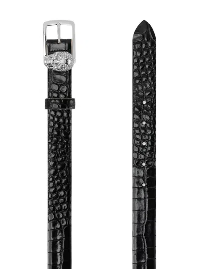 Philipp Plein Leather Belt Crocco Print Shiny Skull In Black