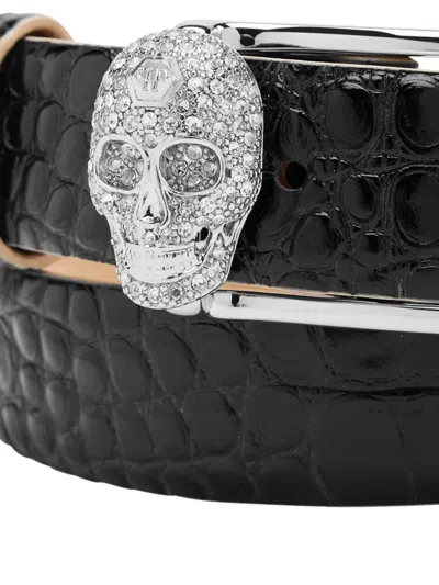 Philipp Plein Leather Belt Crocco Print Shiny Skull In Black