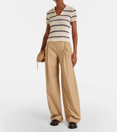 Vince Open Stitch Cotton Johnny Collar Sweater In Beige