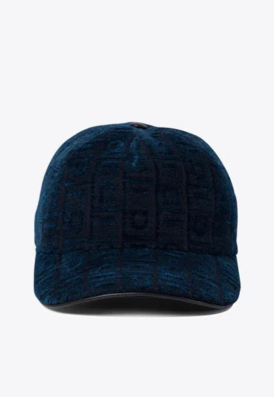 Ferragamo Embroidered Curved Brim Textured Fabric Hats In Blue