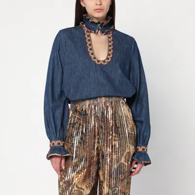 Valentino Denim Blouse With Embroidered Edges In Blue