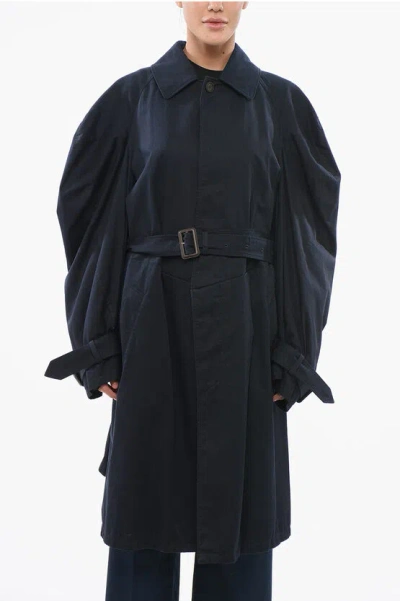 Balenciaga Twisted Puff-sleeves Cotton Trench Coat In Blue