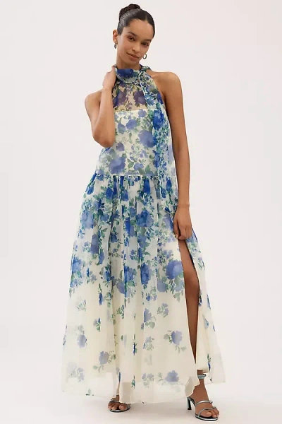 Bhldn Kendall High-neck Scarf Floral Organza Maxi Dress In Blue